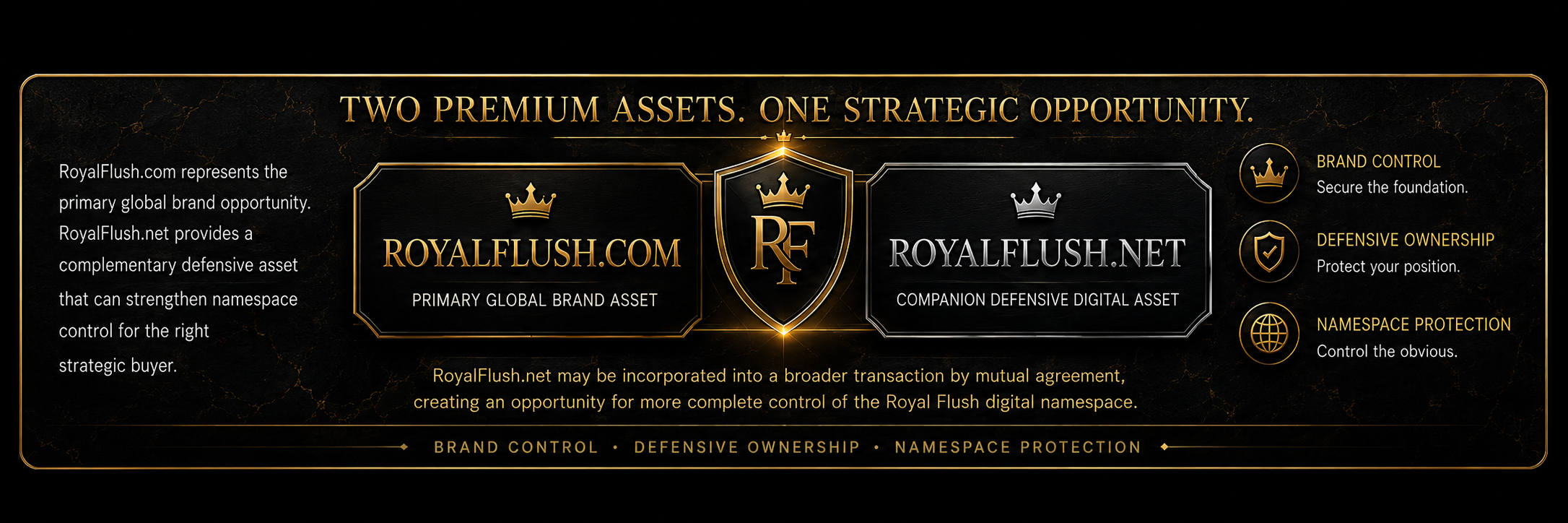 RoyalFlush.com primary global brand asset in champagne gold and RoyalFlush.net companion defensive digital asset in platinum silver — two premium assets, one strategic opportunity.